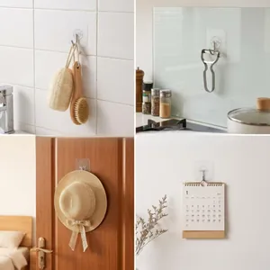 Transparent adhesive wall hooks shown in various home scenes like kitchen and bathroom