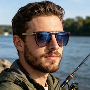 Men's polarized fishing sunglasses with retro square wooden-style frame for outdoors
