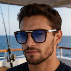 Stylish man wearing retro square folding polarized sunglasses with blue lenses