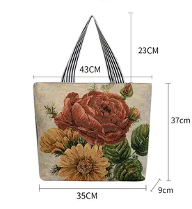 Dimensions of floral tapestry tote bag with gold thread fabric and striped handles