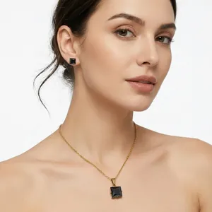 Minimalist Titanium Steel Jewelry Set Square Zirconia Pendant Necklace Stud Earrings Gold Silver Jewelry For Women