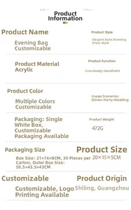 Specifications for acrylic evening clutch bag showing style, material, and party usage