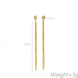 Elegant gold long tassel earrings with sparkling rhinestone stud, stainless steel finish