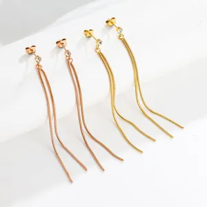 Titanium Steel Long Tassel Stud Earrings With Rhinestone For Women Korean Fashion Snake Chain Dangle Earrings Jewelry Gift