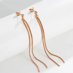 Rose gold titanium steel tassel earrings with single diamond and double snake chains