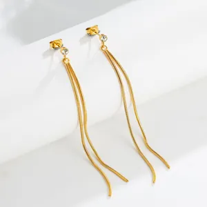 Elegant gold titanium steel long tassel stud earrings with a single sparkling crystal