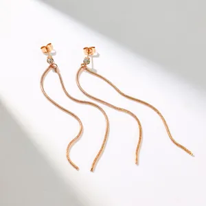 Elegant titanium steel long tassel earrings with a single sparkling crystal stud design.