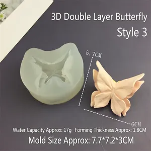 Macro detail of 3D butterfly silicone mold with dimensions and finished resin sample