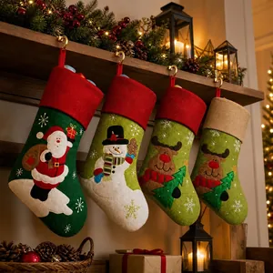 Detail of four festive Christmas stockings with 3D Santa and Reindeer embroidery