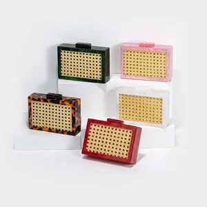 Women Vintage Evening Bag Acrylic Box Clutch With Rattan Woven Panel Marble Texture Party Vacation Handbag