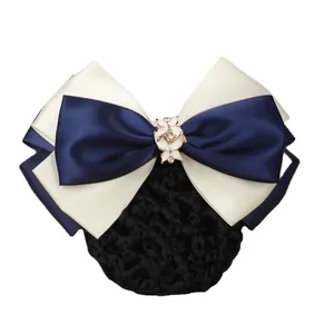 Elegant navy and beige bow hair clip with floral rhinestones and mesh snob for work