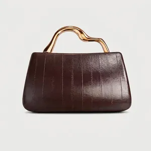 Women Evening Bag PU Leather Golden Wave Metal Handle Vertical Grain Chic Elegant Crossbody Handbag