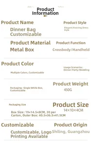 Detailed specifications chart for the pineapple-shaped metal clutch evening bag