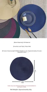 Detailed size and material specification for 15-inch woven round PP placemat