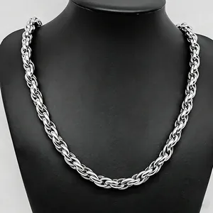 Polished stainless steel twisted rope chain necklace displayed on a black neck mannequin
