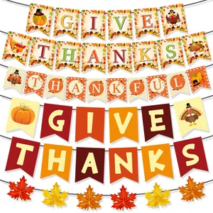Banner Giorno Del Ringraziamento Decorazione Festa Raccolto Autunnale Tacchino Zucca Foglia Di Acero Ghirlanda Carta Casa