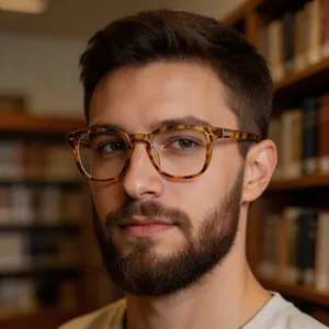 Gros plan sur une monture de lunettes en écaille sur un mannequin homme en bibliothèque