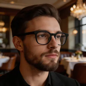 Gros plan de lunettes à monture carrée noire élégante portées par un mannequin homme