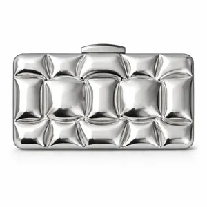 Silver geometric bubble quilted acrylic clutch bag with metallic rectangular clasp