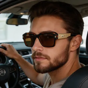 Retro Square Polarized Sunglasses For Men UV400 TAC Lens Fashion Outdoor Eyewear With Decorative Metal Temples