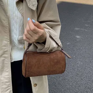 Vintage Women Barrel Cylinder Bag Frosted PU Suede Shoulder Crossbody Bag Niche Minimalist Underarm Handbag For Daily Casual
