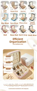 Detailed interior of portable jewelry box with 12 color options and storage zones
