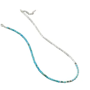 Summer style turquoise bead necklace with silver geometric cubes and adjustable lobster clasp
