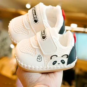 White breathable mesh baby walking shoes with panda design and non-slip soft sole