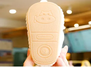 Detailed close-up of non-slip baby shoe sole with cartoon pattern and grip texture