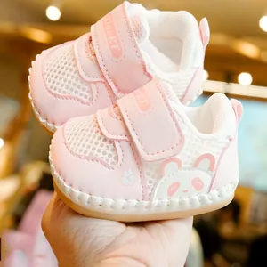 Pink and white breathable mesh baby walking shoes with cartoon panda and anti-slip sole