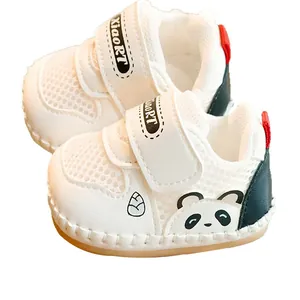 White baby toddler shoes with breathable mesh and cute panda pattern for infants