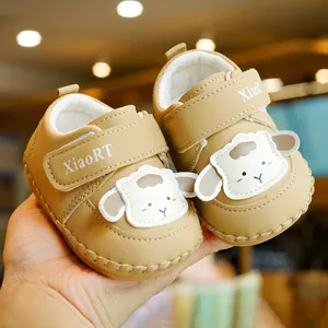 Soft-soled khaki baby shoes with cute cartoon sheep pattern and velcro closure