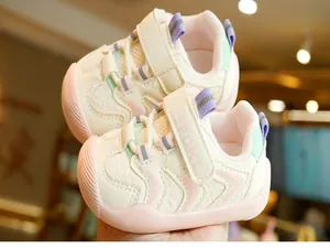 Close-up of baby walker shoe with breathable mesh, leather overlays and SPORT velcro strap