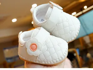 Close-up of white baby walker shoe with quilted pattern and non-slip rubber sole