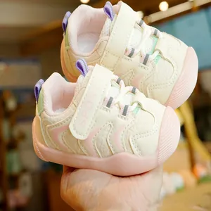 Toddler walking shoes with breathable mesh and pink non-slip soles for infant girls