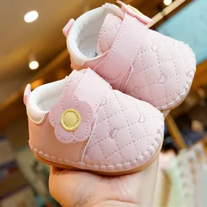 Pink quilted baby walking shoes with heart embroidery and anti-slip soft soles