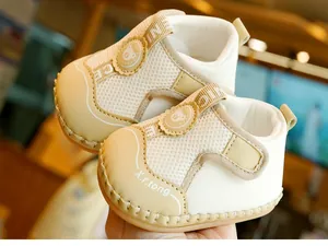 Detail of baby soft sole walking shoes with breathable mesh and cute bear pattern