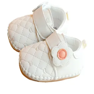 White baby pre-walker shoes with quilted heart embroidery and 3D floral accent