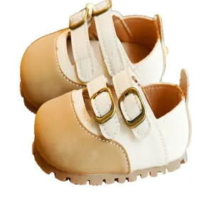 Toddler Mary Jane leather shoes in beige and brown with non-slip rubber soles