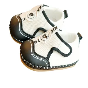 Breathable mesh baby walking shoes with soft non-slip sole and bear decoration