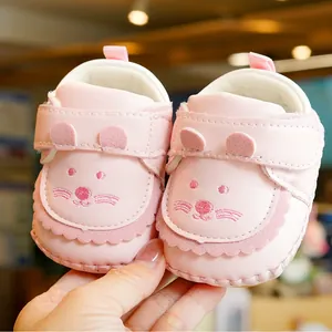 Cute pink cartoon mouse baby walking shoes with soft soles and velcro straps