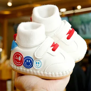 Chaussures de Pré-marche Bébé Semelle Souple Antidérapante Cuir Synthétique Tricoté Style Chaussette Patch Visage Souriant Sneakers Nourrisson