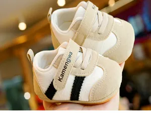 Detail view of baby walker shoes featuring non-slip gum sole and velcro strap closure