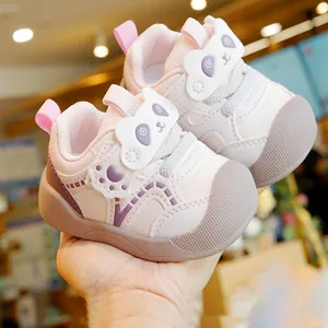 Pink toddler walking shoes with cartoon panda strap and breathable anti-slip sole