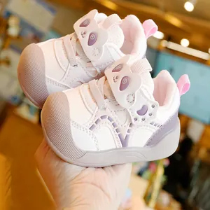 Pink and white baby walker shoes with cute panda velcro and non-slip rubber sole