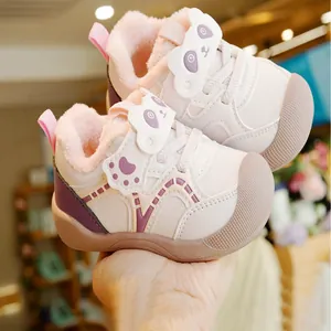 Winter plush toddler shoes with panda velcro and anti-slip rubber soles for girls