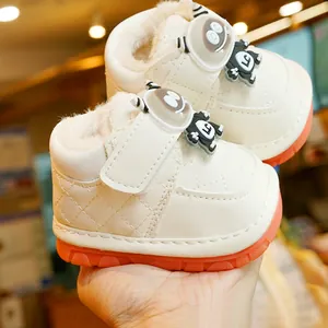 Infant Winter Warm Boots Quilted Synthetic Leather Faux Fur Lined Non Slip Soft Sole Cartoon Monster Squeaky Shoes For Baby