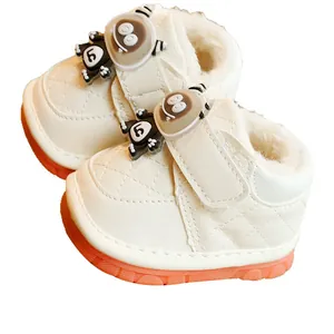 Winter infant walking shoes with warm fleece lining and non-slip orange rubber soles
