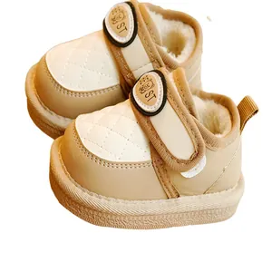 Winter toddler snow boots with warm fleece lining and non-slip soles in beige and white