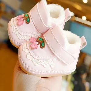 Pink leather baby walking shoes with cherry embroidery, lace trim and warm plush lining